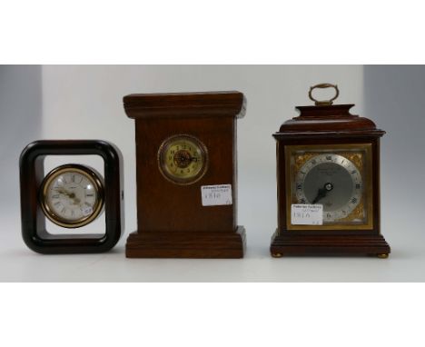 Garrard & co ltd mahogany mantle clock with brass handle and mounts, wood Europa quartz mantle clock and1930s oak matle clock