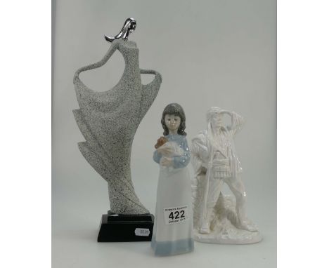 Unmarked pottery figure of Bedowin Hunter, Leonardo resin figure and Nao figure of Young Girl and Puppy. (3)