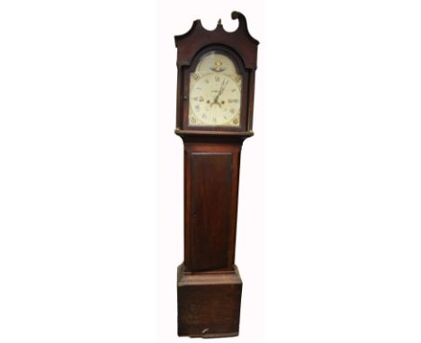 Early 19th Century mahogany grandfather clock with long door & 12 inch arched dial painted with sea shells & calendar movemen