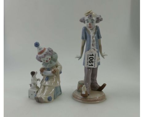Lladro porcelain figures of boy clown with bird on his shoes and seated boy with accordion and puppy (2)