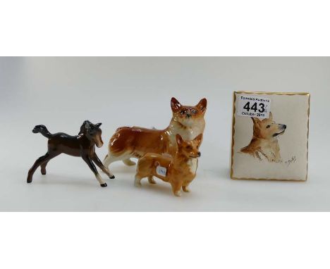 A collection of items to include Beswick small brown foal, small Corgi dog and unmarked figure of a Corgi dog, and a pottery 