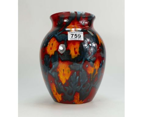 Poole pottery studio vase decorated with red, orange, grey & blue designs, height 25cm