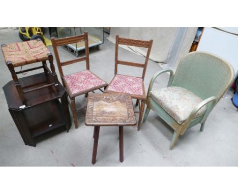 Oak chairs together with 2 small tables, commode and stool. (6)