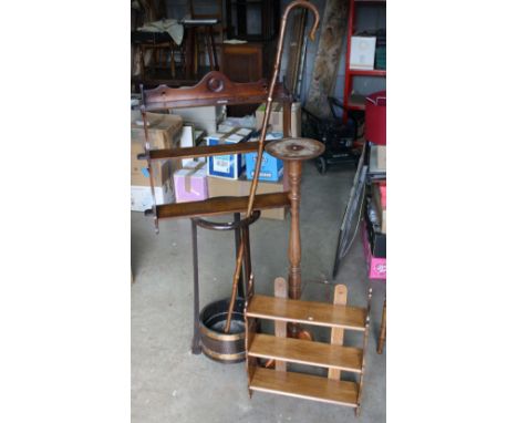 An umbrella barrel holder with a walking stick, oak plant stand and 2 3-tier wall racks. (5)