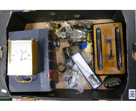 A collection of various items to include writing box, books of Burn's works, and the Pilgrims progress, Brass mantle clock, s