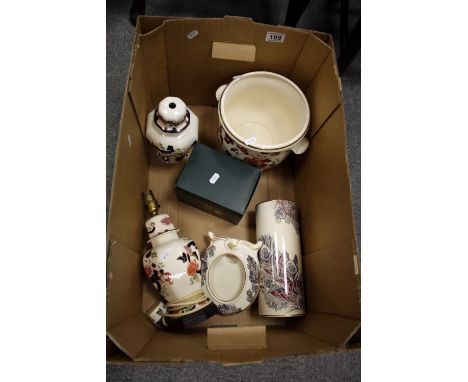 A collection of Masons Ironstone pottery including large Brown Velvet two handled planter, Manderlay lamp bases, etc. (5)