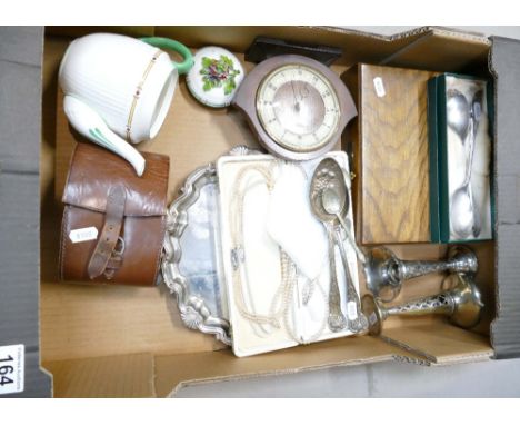 An interesting collection of metalware items to include silver plated platters, spoons, candlesticks, boxed knives sets, toge