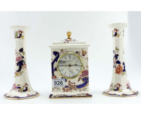 Masons Mandalay mantle clock height 20cm and two Masons mandalay candlesticks both 21cm (3)