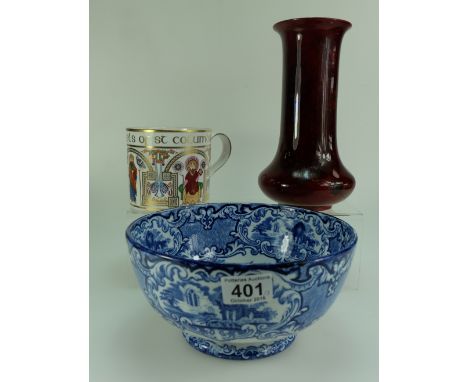 Spode 'The Kell's Tankard', George Jones blue and white fruit bowl, and Crown Ducal spectra-flambe vase. (3)