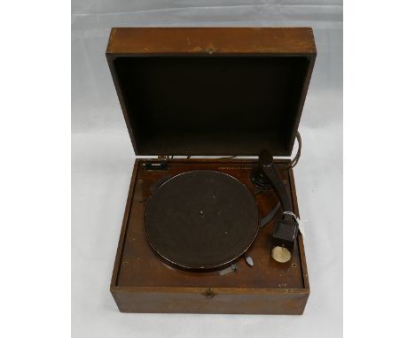 HMV early electric record player in wood cabinet together with a collection of 78's