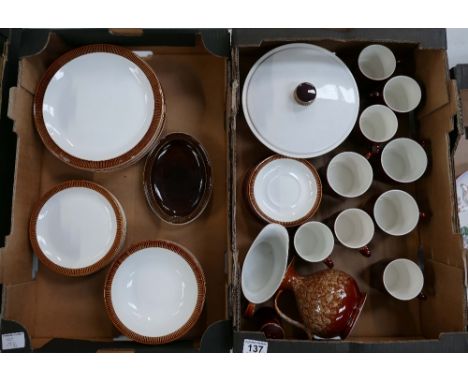 A large collection of Poole Pottery Ironstone dinnerware to include plates, cups, saucers, tureens, etc. (2 trays)