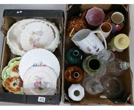 A collection of various pottery to include Wade whiskey decanters, Price and Kensington chicken egg dish, glass decanters, va