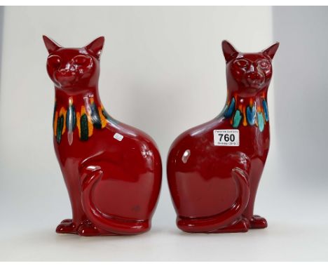 Pair Poole pottery seated fireside cats,decorated in red, orange, blue & black colours, height 30cm  (2)