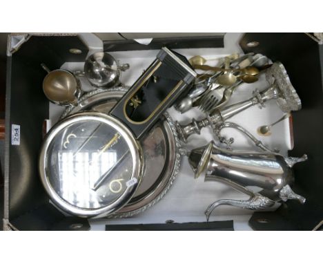 A collection of Silver plated items including coffee set, tray, candlestick, clock, etc.