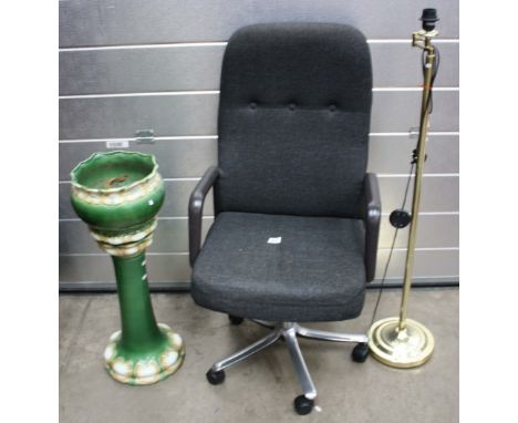 Office chair, ceramic planter, gold standard lamp (passed PAT) and white rug. (4)