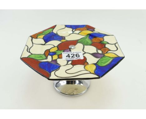Clarice Cliff octagonal cake plate on EPNS stand, diameter 19cm.