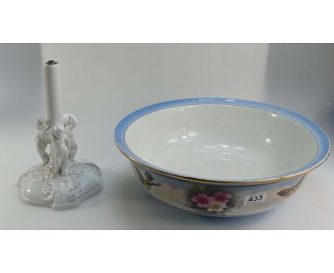 Very large Grimwades basin decorated with butterflies and flowers and Spode lamp base with Cherubs dancing. (2)