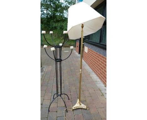 Modern brass standard lamp and wrought iron large candle stand.  (2)