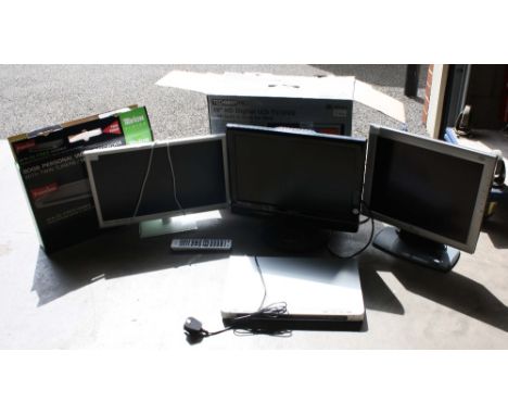 Technica 19 inch HD DVD/ TV, Technica 21 inch LED TV, Television 80gb personal video recorder and Cybercom Computer monitor. 
