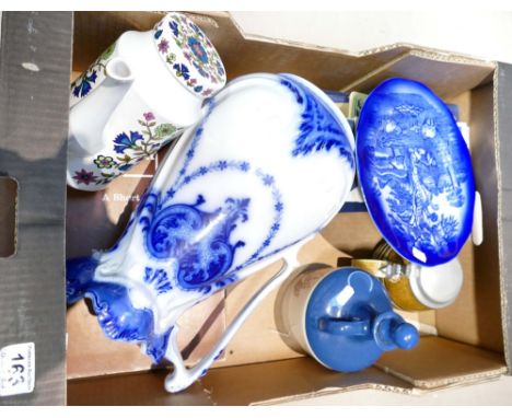 A collection of items to include Large flow blue water jug, Goebel lidded pot, navy rum decanter, Shakespearean books and his