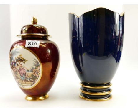 Carltonware late rouge royale ginger jar & cover decorated with panel of 18th century garden scene and Carltonware blue vase,