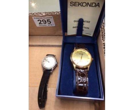 Gents Sekonda quartz wristwatch with leather strap in plastic original box and Timex steel automatic wrist watch  (2)