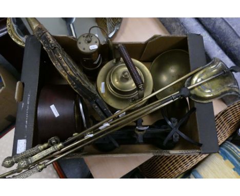 A collection of brass and metal items to include a mining lamp, scales, tea pot, clock and brass fire sticks