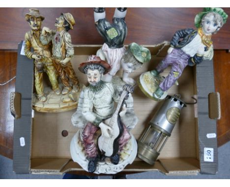 A collection of Capodimonte pottery figures and Eccles brass miners lamp.  (5)