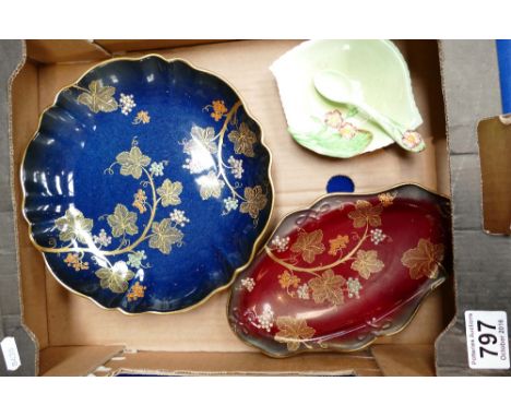 Carltonware blue round dish decorated with enamelled flowers and gilded and Rouge Royale dish etc  (3)