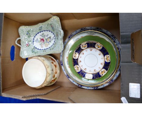 A collection of pottery items to include Crown Devon Fieldings vase, Copeland Spode two handled comport, Minton dinner plates