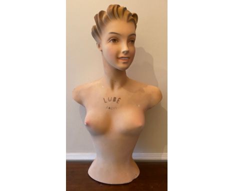 Advertising - Mid century Plaster ' Lube Paris ' Shop Display Head and Half Torso Mannequin of a Naked Woman, 74cm high. 