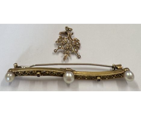 A 9ct gold cultured pearl and ruby set bar brooch together with a 9ct gold and seed pearl pendant. Total weight 8.2gm. Length