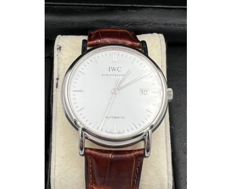 A boxed gentleman's stainless steel IWC Schaffhausen Portofino automatic wristwatch, the white dial with applied baton hour m