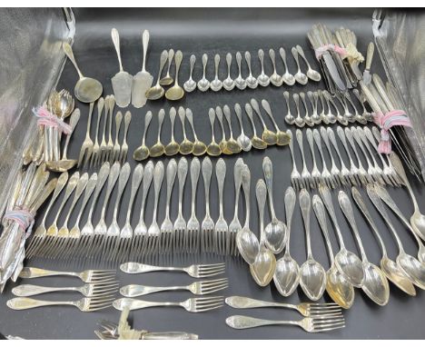 An extensive suite of German silver cutlery. Marked with German marks and Posen .800. Initialled E. Total weighable silver 38