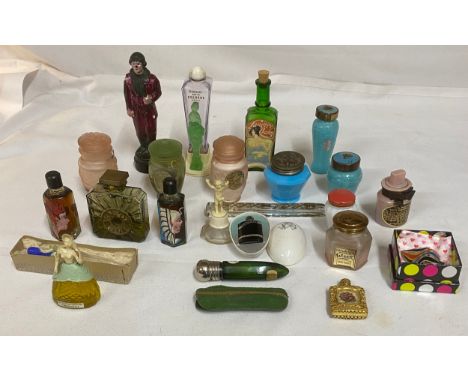 A collection of interesting mainly perfume bottes to include Guerlain, Vol de Nuit, 1/3 full, Saville Mischief in egg shaped 