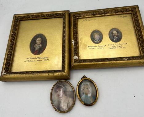 Portrait miniatures, one oval print, one oval on card and two watercolour copies of original miniatures. 