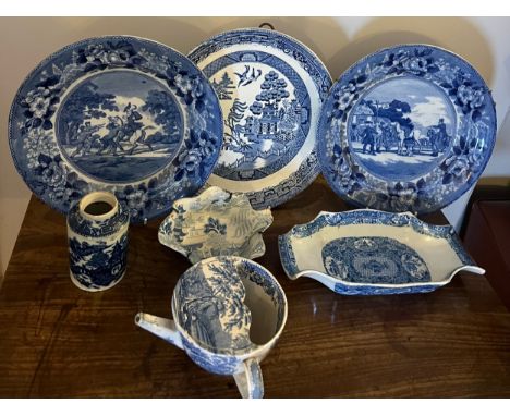 Seven pieces of 19thC blue and white pottery to include two Adams Doctor Syntax plates, pap bowl marked Favourite RB, Willow 
