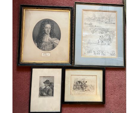Four various 18th/19thC prints to include hunting scene, William R with signature beneath 42cm x37cm, S.W. Fores print of vil