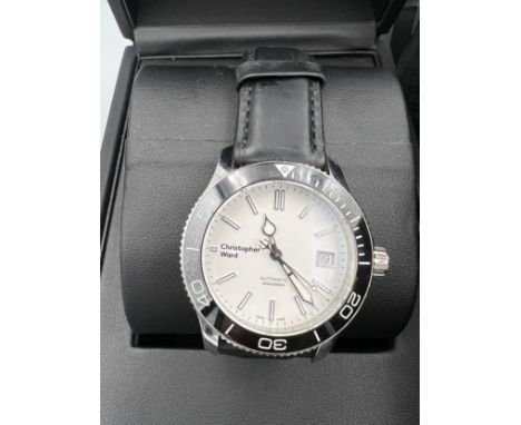 A boxed Christopher Ward men's Trident watch. White dial and leather strap. case diameter measures approx. 40mm. 