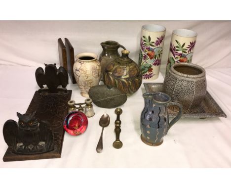 Selection of items including Alvingham pottery table lamp, scheurich vase, Jane Vernon jug, 2 unmarked tall vases depicting f