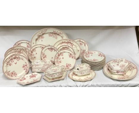 A 19thC Wedgwood Clematis pattern part dinner service comprising 3 graduating meat plates, largest 47cm w, 7x  plates 24cm, 2