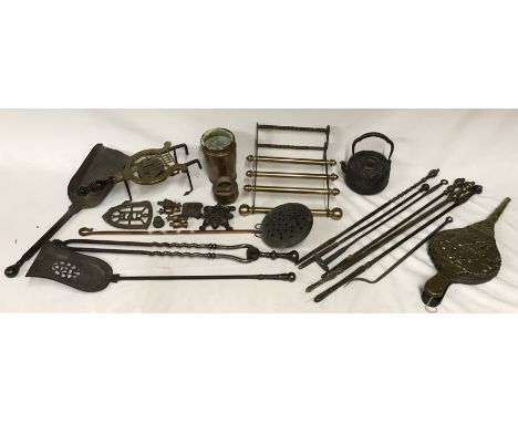 A collection of brass and copper to include mainly fireplace wares: fire irons, tongs, shovels and bellow along with a good q