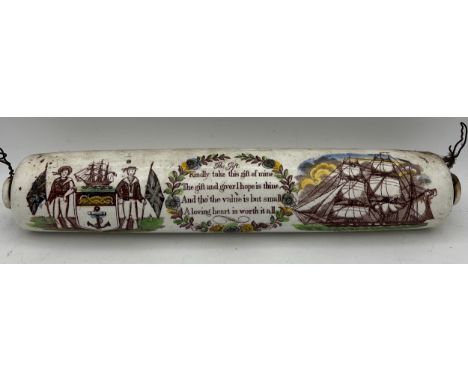 A 19thC Sunderland Ware rolling pin depicting the True Love from Hull. 37cm l. 