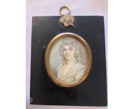 A portrait miniature on ivory of Mrs Green Water née Lockhart. Frame size 12 x 10 cm. Ivory submission reference FZAC58MQ. 