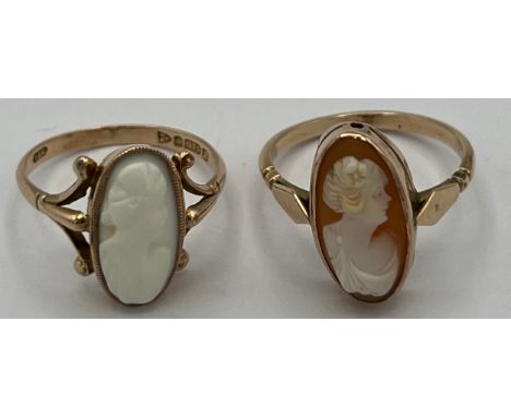Two shell cameo rings in 9 carat gold setting. Sizes M and O. Total weight 4.3gm. 