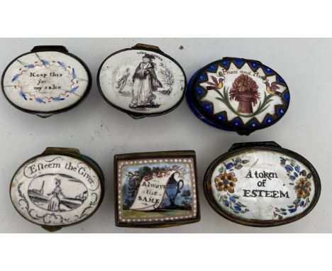 Six various 18thC enamel patch boxes to include Keep This For My Sake, Peace and Plenty, Winter. 