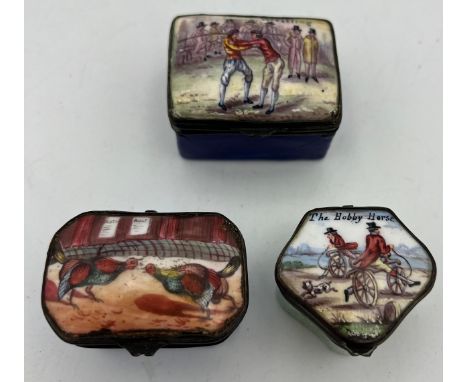 Three 18thC enamel patch boxes of gentleman's past time, Cock Fighting, Wrestling and The Hobby Horse. 