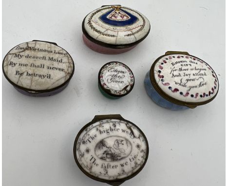 Five 18thC enamel patch boxes, four with inscriptions to include, ‘Esteem the Giver’, ‘The higher we fly the faster we fly’. 