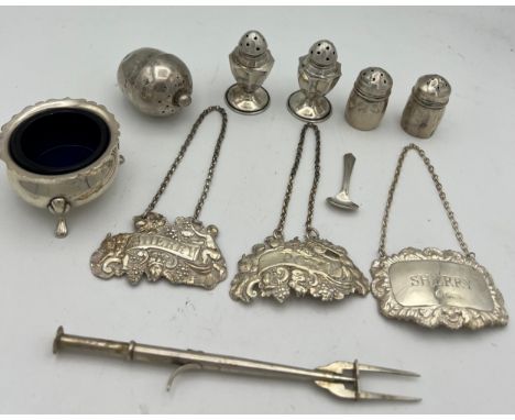 Various silver to include Sherry decanter label Birmingham 1825, Maker Joseph Willmore, salt, pepperettes, pickle fork etc. T