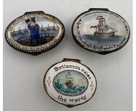 Three 18thC enamel patch boxes of naval interest to include Britannia Rules the Waves etc. 
